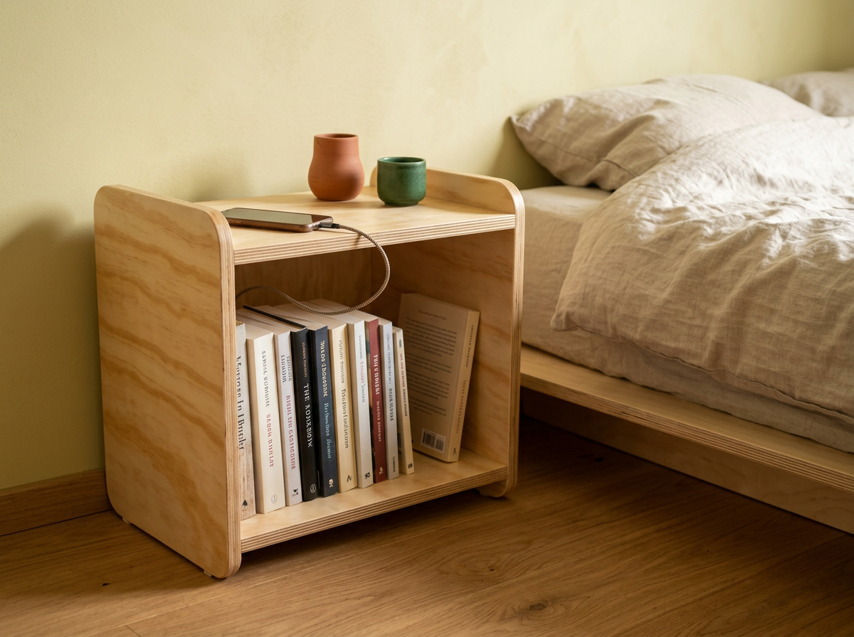 One horizontal rounded plywood module used as a nightstand beside a bed